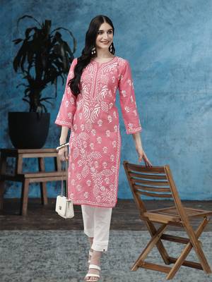 Hand Embroidered Dark Pink Cotton Lucknowi Chikankari Women Kurta 1