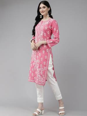 Hand Embroidered Dark Pink Cotton Lucknowi Chikankari Women Kurta 2