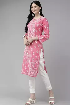 Hand Embroidered Dark Pink Cotton Lucknowi Chikankari Women Kurta
