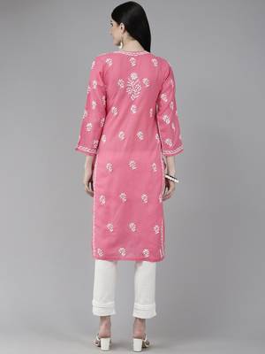 Hand Embroidered Dark Pink Cotton Lucknowi Chikankari Women Kurta 3