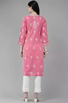 Hand Embroidered Dark Pink Cotton Lucknowi Chikankari Women Kurta