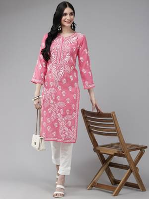 Hand Embroidered Dark Pink Cotton Lucknowi Chikankari Women Kurta 4