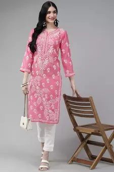 Hand Embroidered Dark Pink Cotton Lucknowi Chikankari Women Kurta