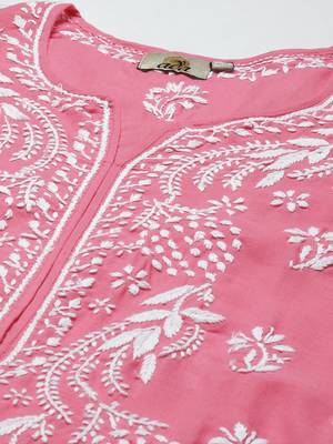 Hand Embroidered Dark Pink Cotton Lucknowi Chikankari Women Kurta 5