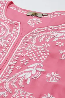 Hand Embroidered Dark Pink Cotton Lucknowi Chikankari Women Kurta