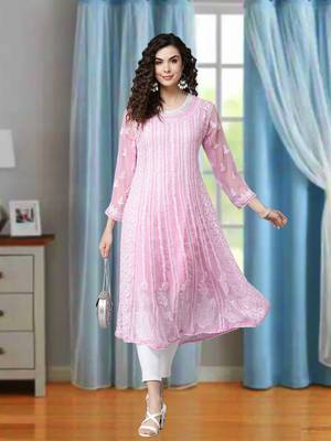 Hand Embroidered Pink Georgette Lucknow Chikankari Anarkali Women Kurta 1