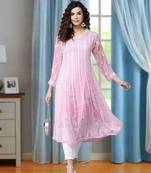 Hand Embroidered Pink Georgette Lucknow Chikankari Anarkali Women Kurta