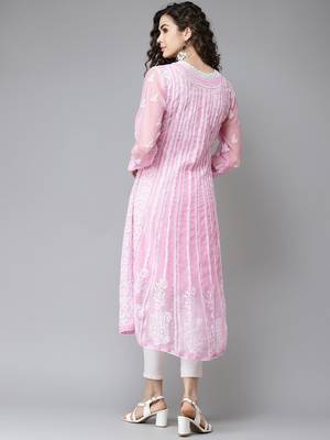 Hand Embroidered Pink Georgette Lucknow Chikankari Anarkali Women Kurta 2