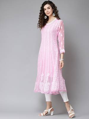 Hand Embroidered Pink Georgette Lucknow Chikankari Anarkali Women Kurta 3