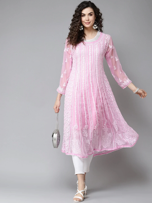 Hand Embroidered Pink Georgette Lucknow Chikankari Anarkali Women Kurta 4