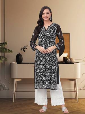 Ada Hand Embroidered Black Faux Georgette Lucknow Chikan Women Kurta with Slip - A131880 1