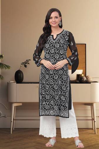 Ada Hand Embroidered Black Faux Georgette Lucknow Chikan Women Kurta with Slip - A131880