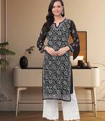 Ada Hand Embroidered Black Faux Georgette Lucknow Chikan Women Kurta with Slip - A131880