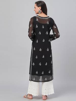 Ada Hand Embroidered Black Faux Georgette Lucknow Chikan Women Kurta with Slip - A131880 2