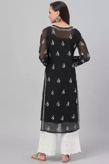 Ada Hand Embroidered Black Faux Georgette Lucknow Chikan Women Kurta with Slip - A131880