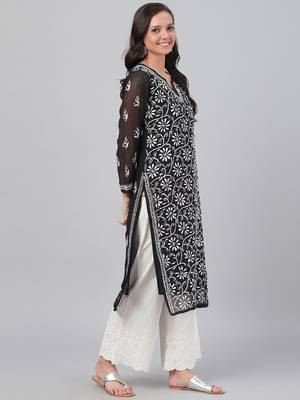 Ada Hand Embroidered Black Faux Georgette Lucknow Chikan Women Kurta with Slip - A131880 3