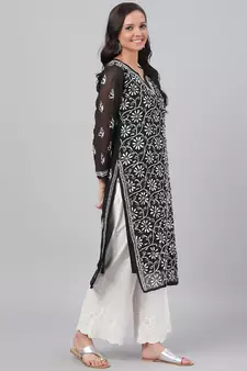 Ada Hand Embroidered Black Faux Georgette Lucknow Chikan Women Kurta with Slip - A131880