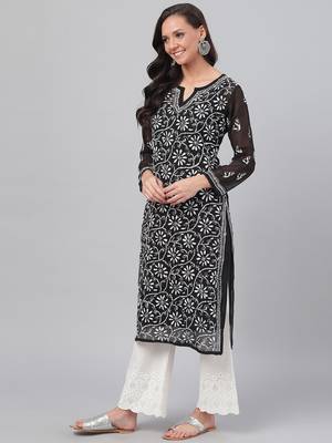 Ada Hand Embroidered Black Faux Georgette Lucknow Chikan Women Kurta with Slip - A131880 4