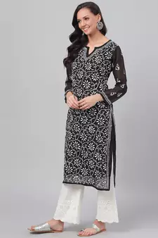 Ada Hand Embroidered Black Faux Georgette Lucknow Chikan Women Kurta with Slip - A131880