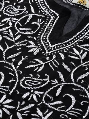 Ada Hand Embroidered Black Faux Georgette Lucknow Chikan Women Kurta with Slip - A131880 5