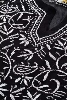 Ada Hand Embroidered Black Faux Georgette Lucknow Chikan Women Kurta with Slip - A131880