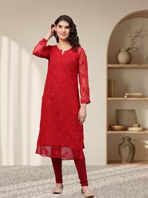 Hand Embroidered Red Georgette Lucknowi Chikankari Women Kurta With Slip 1