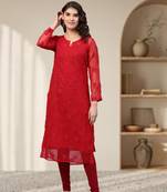 Hand Embroidered Red Georgette Lucknowi Chikankari Women Kurta With Slip