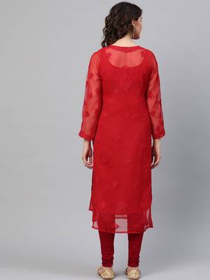 Hand Embroidered Red Georgette Lucknowi Chikankari Women Kurta With Slip 2