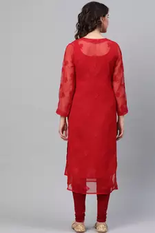 Hand Embroidered Red Georgette Lucknowi Chikankari Women Kurta With Slip