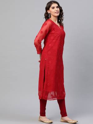 Hand Embroidered Red Georgette Lucknowi Chikankari Women Kurta With Slip 3