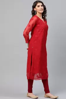 Hand Embroidered Red Georgette Lucknowi Chikankari Women Kurta With Slip