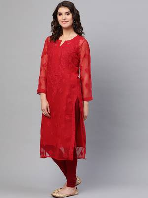 Hand Embroidered Red Georgette Lucknowi Chikankari Women Kurta With Slip 4