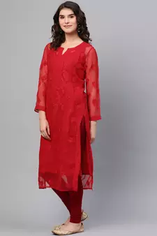 Hand Embroidered Red Georgette Lucknowi Chikankari Women Kurta With Slip