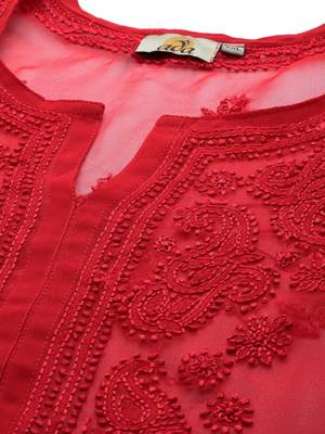 Hand Embroidered Red Georgette Lucknowi Chikankari Women Kurta With Slip 5