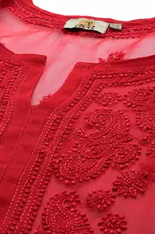 Hand Embroidered Red Georgette Lucknowi Chikankari Women Kurta With Slip