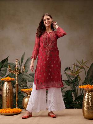 Hand Embroidered Red Georgette Lucknowi Chikan Women Kurta With Slip 1