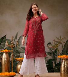 Hand Embroidered Red Georgette Lucknowi Chikan Women Kurta With Slip
