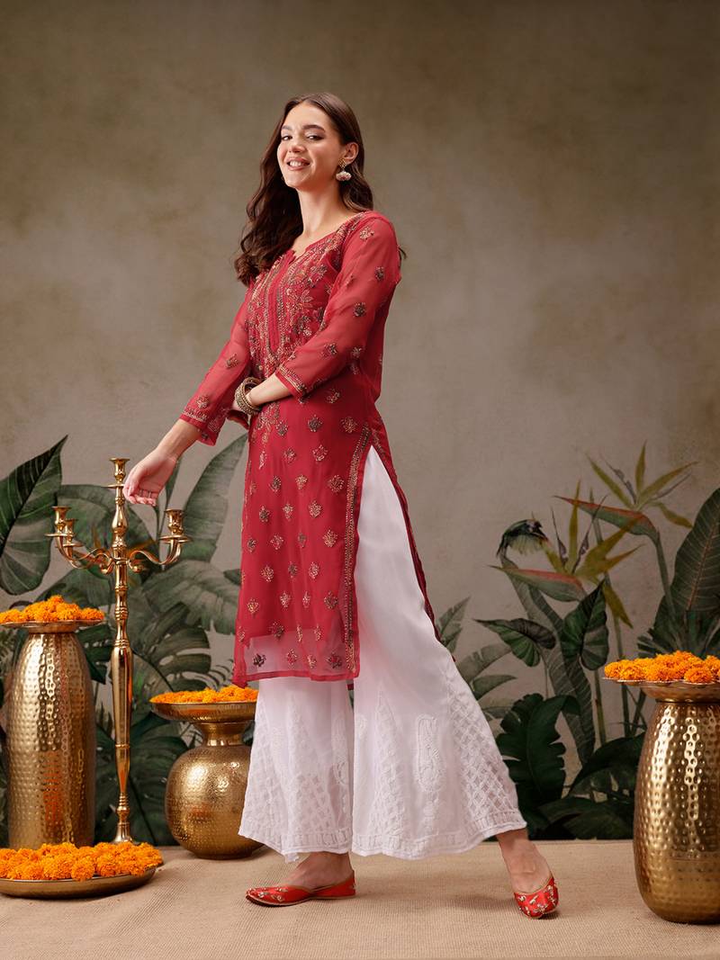 Hand Embroidered Red Georgette Lucknowi Chikan Women Kurta With Slip