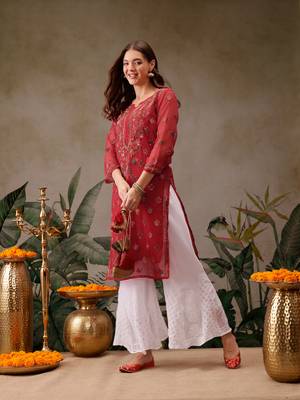 Hand Embroidered Red Georgette Lucknowi Chikan Women Kurta With Slip 4