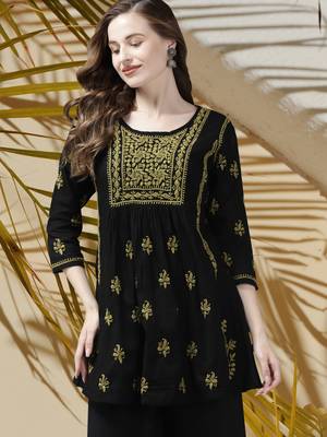 Hand Embroidered Black & Green Cotton Lucknow Chikankari Women Short Kurti 1