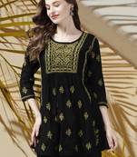 Hand Embroidered Black & Green Cotton Lucknow Chikankari Women Short Kurti
