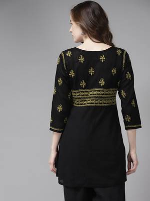 Hand Embroidered Black & Green Cotton Lucknow Chikankari Women Short Kurti 2