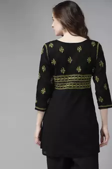 Hand Embroidered Black & Green Cotton Lucknow Chikankari Women Short Kurti