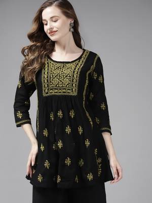 Hand Embroidered Black & Green Cotton Lucknow Chikankari Women Short Kurti 3