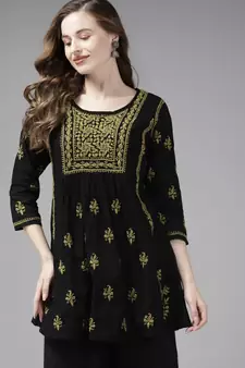 Hand Embroidered Black & Green Cotton Lucknow Chikankari Women Short Kurti