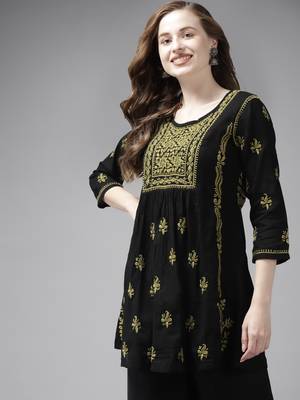 Hand Embroidered Black & Green Cotton Lucknow Chikankari Women Short Kurti 4