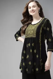 Hand Embroidered Black & Green Cotton Lucknow Chikankari Women Short Kurti