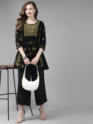 Hand Embroidered Black & Green Cotton Lucknow Chikankari Women Short Kurti 5
