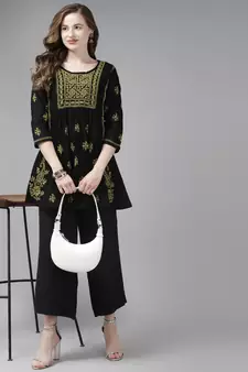 Hand Embroidered Black & Green Cotton Lucknow Chikankari Women Short Kurti