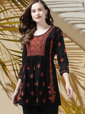 Hand Embroidered Black & Rust Cotton Lucknow Chikankari Women Short Kurti 1
